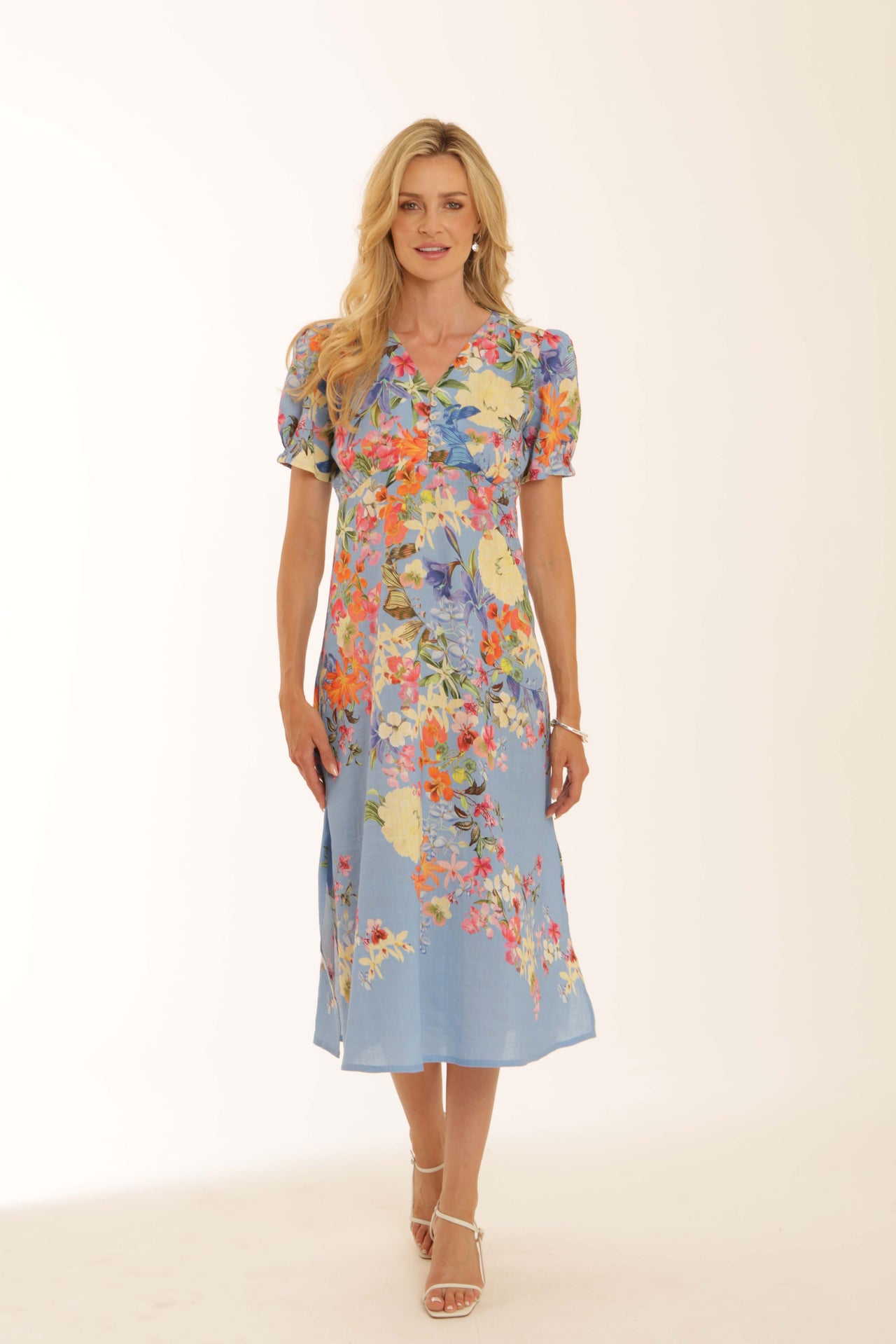 Pomodoro Tropical Flower Tea Dress - Mid Blue