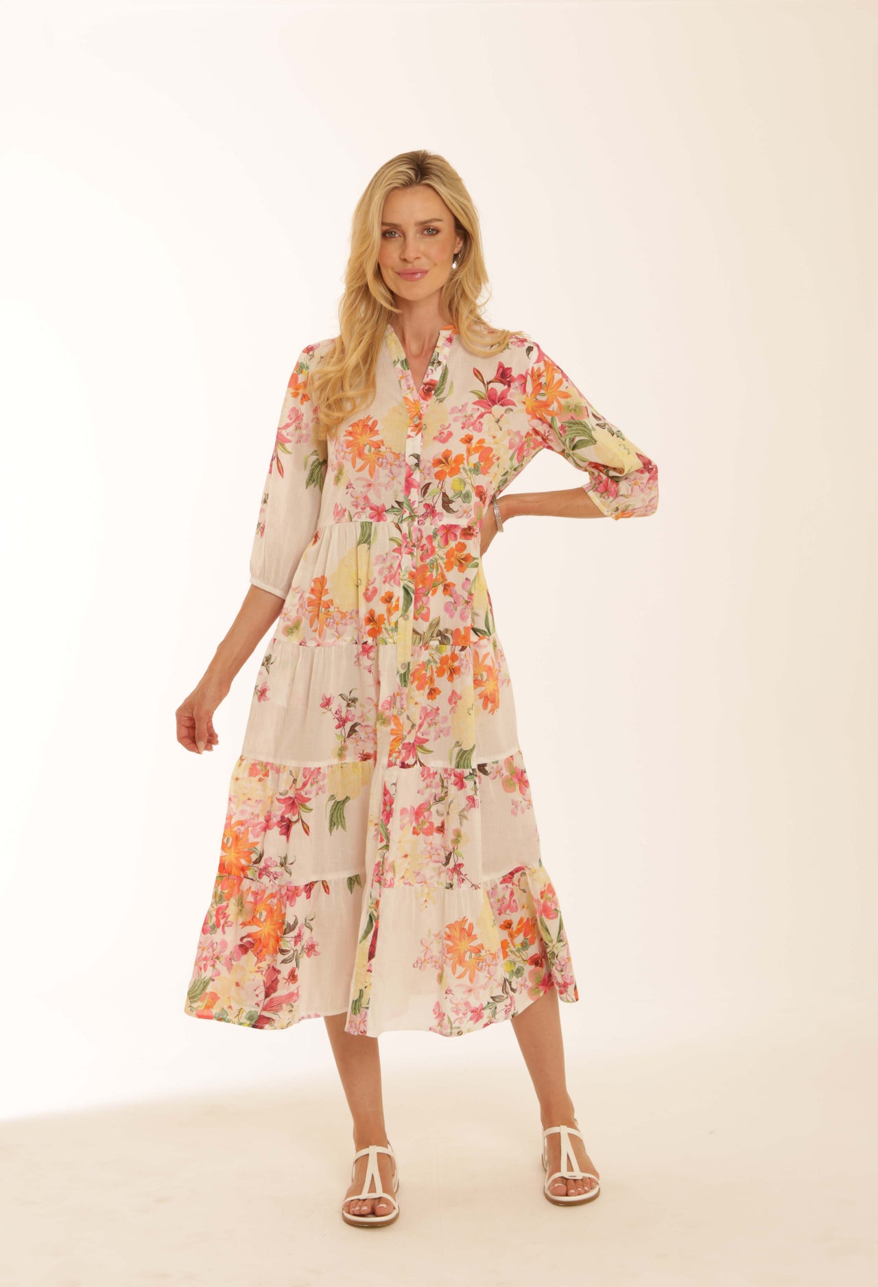 Pomodoro Tropical Flower Shirt Dress - White