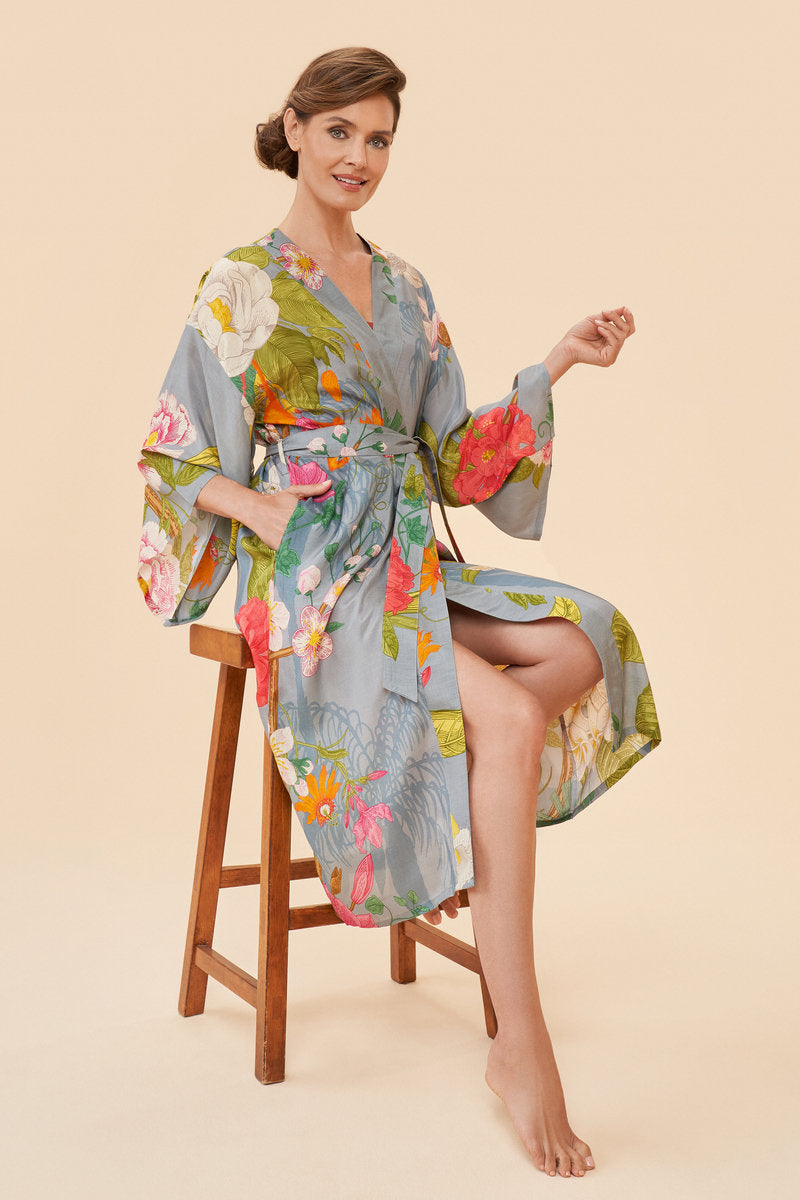 Powder Tropical Fauna Kimono Gown - Lavender