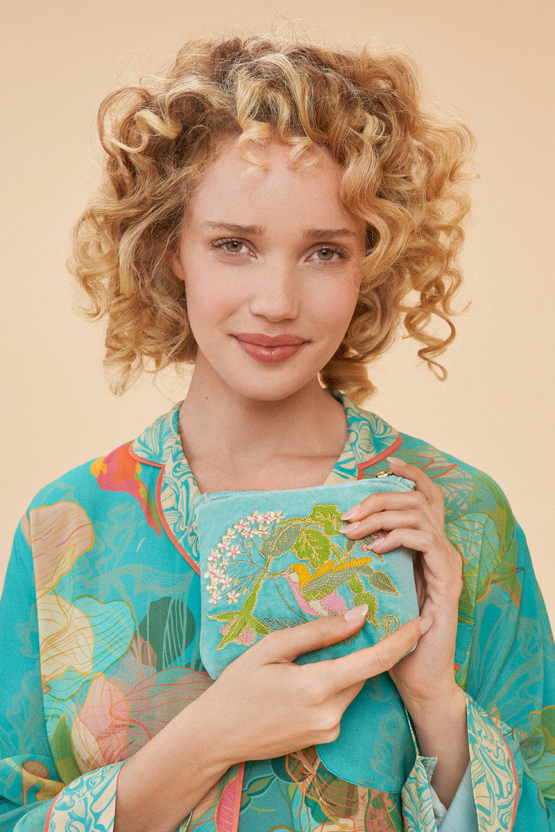 Powder Hummingbird Velvet Mini Pouch - Aqua