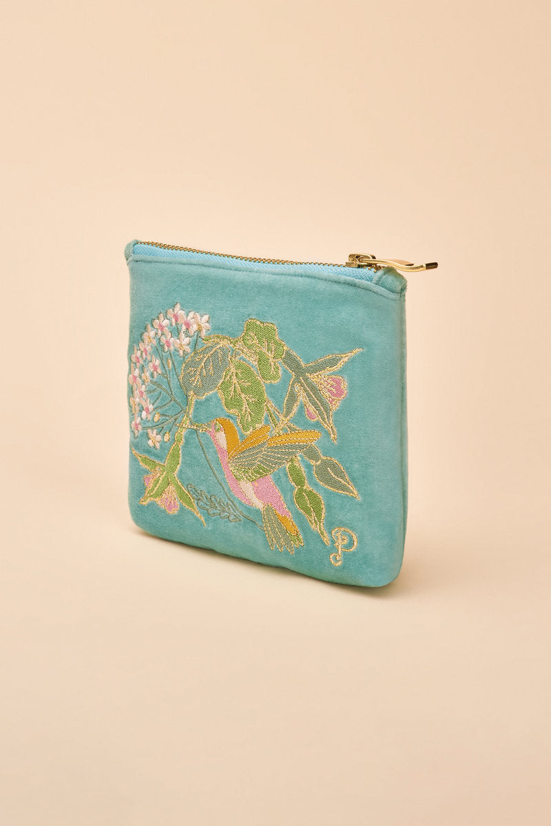 Powder Hummingbird Velvet Mini Pouch - Aqua