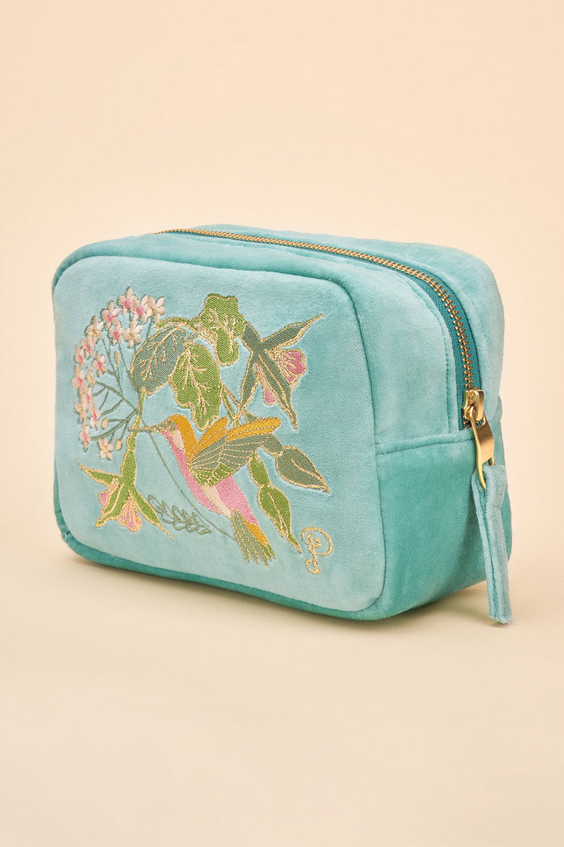 Powder Velvet Make Up Bag - Aqua Hummingbird