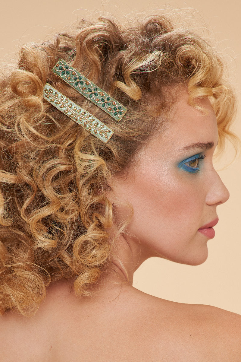 Powder Narrow Jewelled Hair Bar - Green