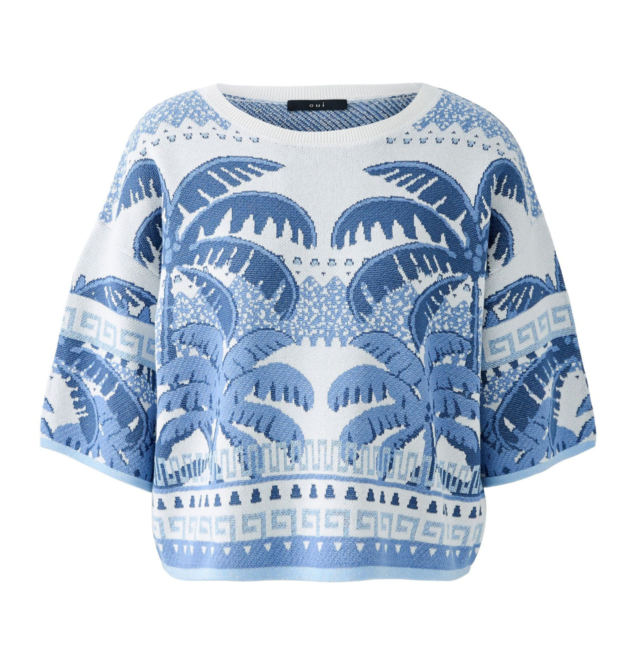 Oui White & Blue Cropped Flower Print Jumper
