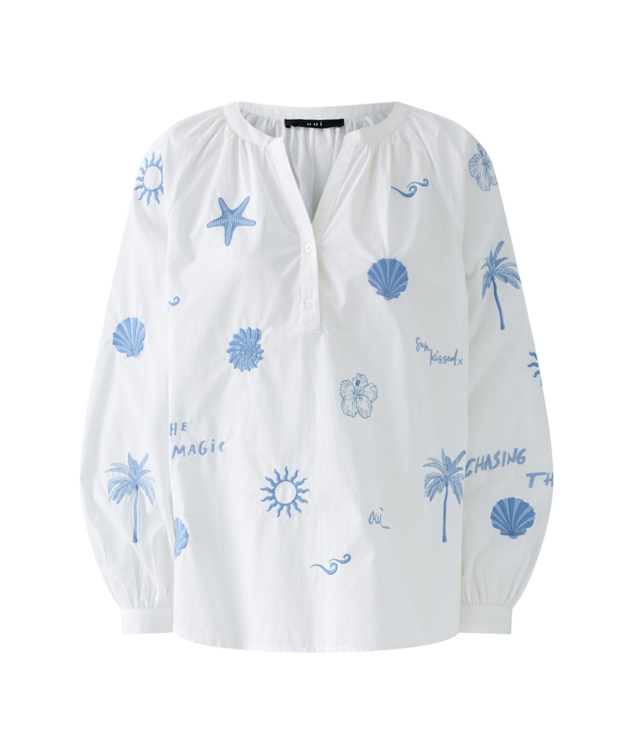 Oui Cotton White Blouse With Blue Embroidery