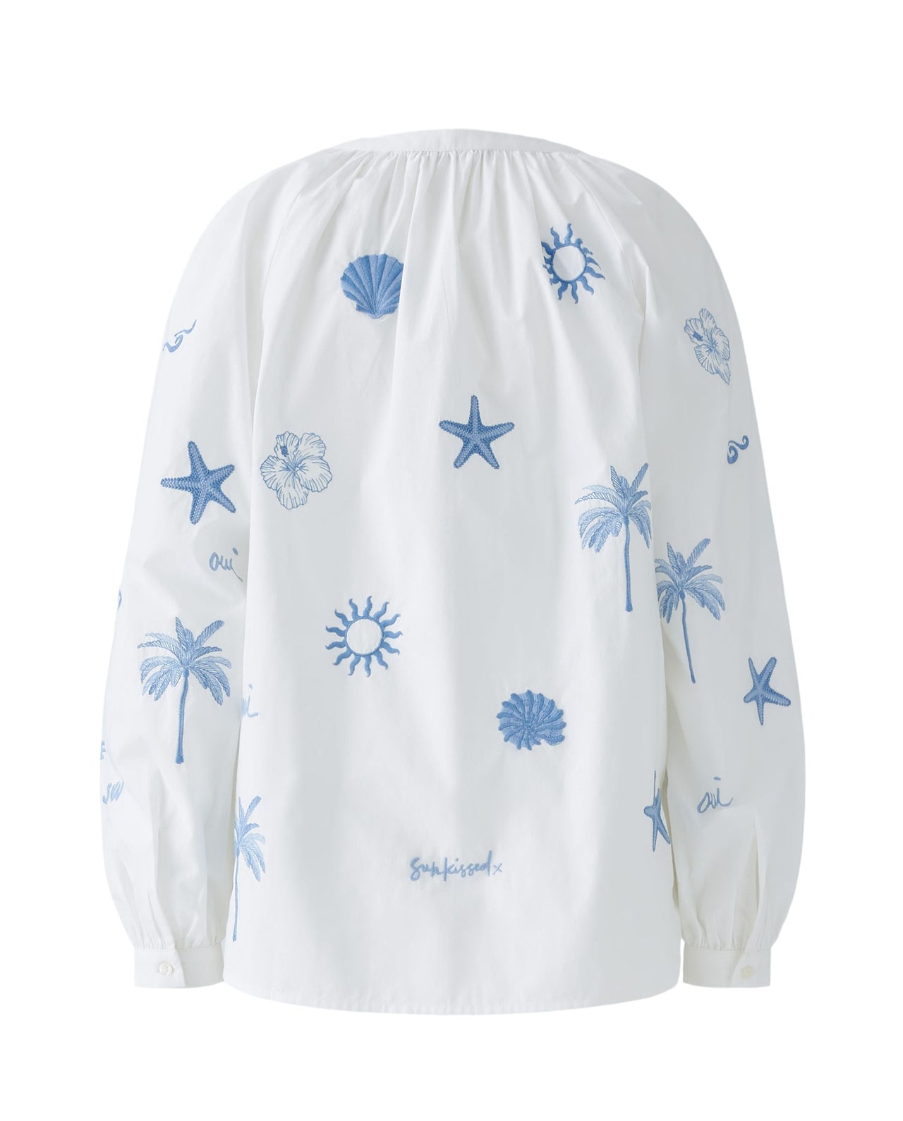 Oui Cotton White Blouse With Blue Embroidery