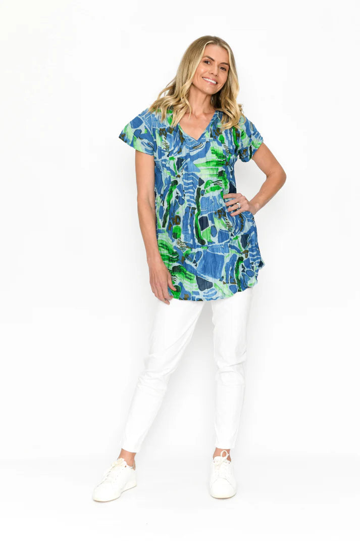One Summer Kayla Short Sleeve Cotton Blouse - Aqua