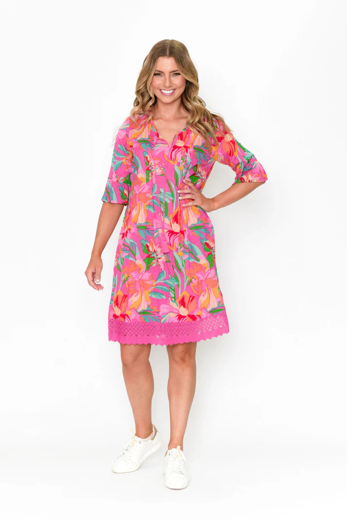 One Summer Hannah Short Sleeve Boho Tunic Pink Print