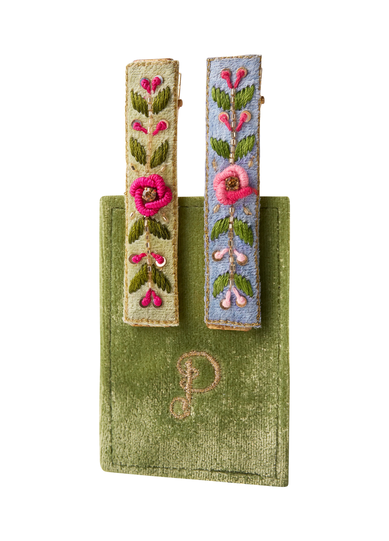 Powder Embroidered Hair Bars - Mint/Cornflower Floral Vines