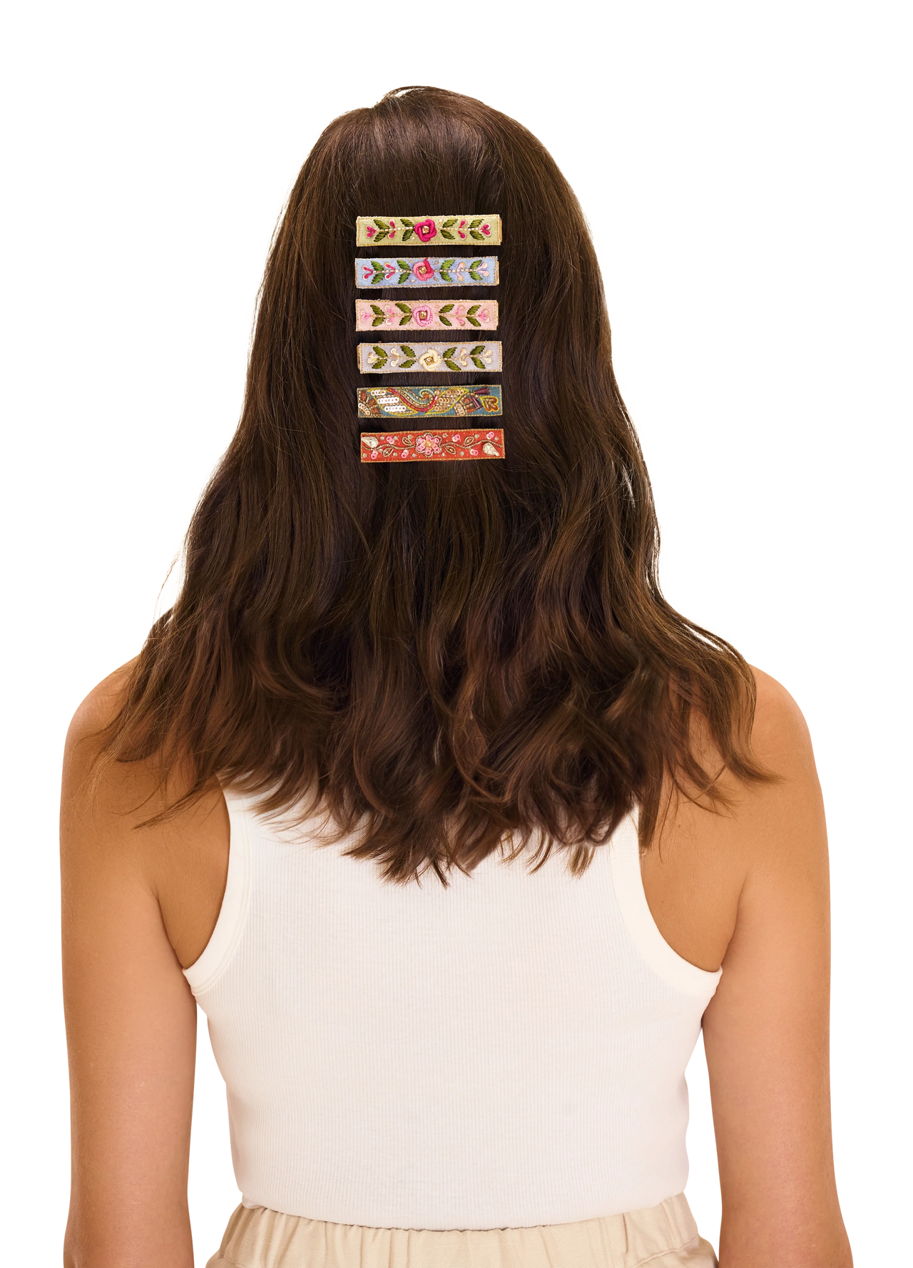 Powder Embroidered Hair Bars - Mint/Cornflower Floral Vines