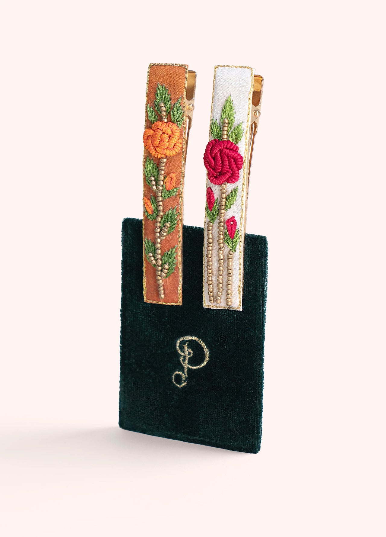 Powder Embroidered Hair Clips - Spring Garden