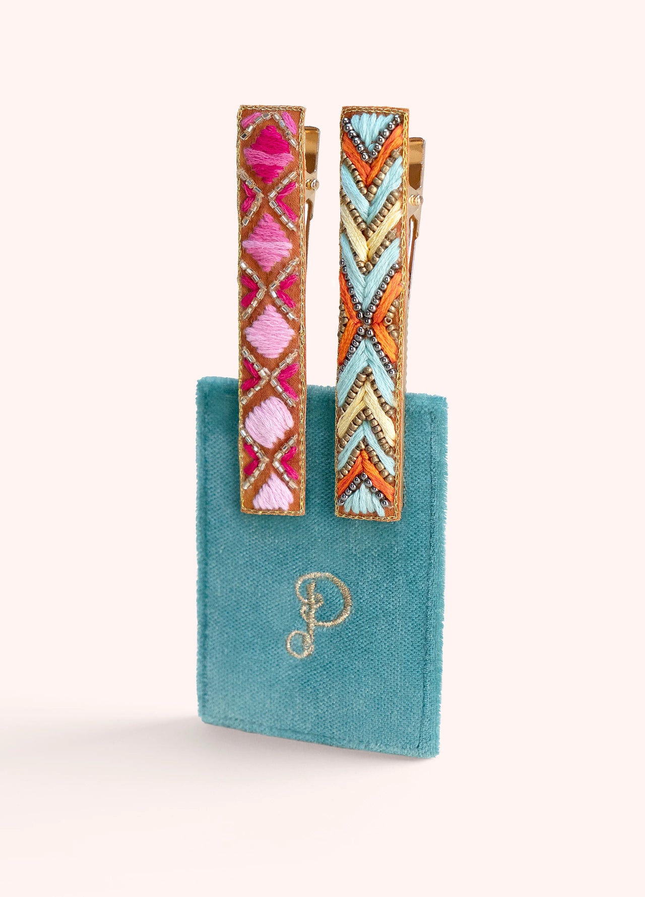 Powder Embroidered Hair Clips - Fuchsia/Summer Deco