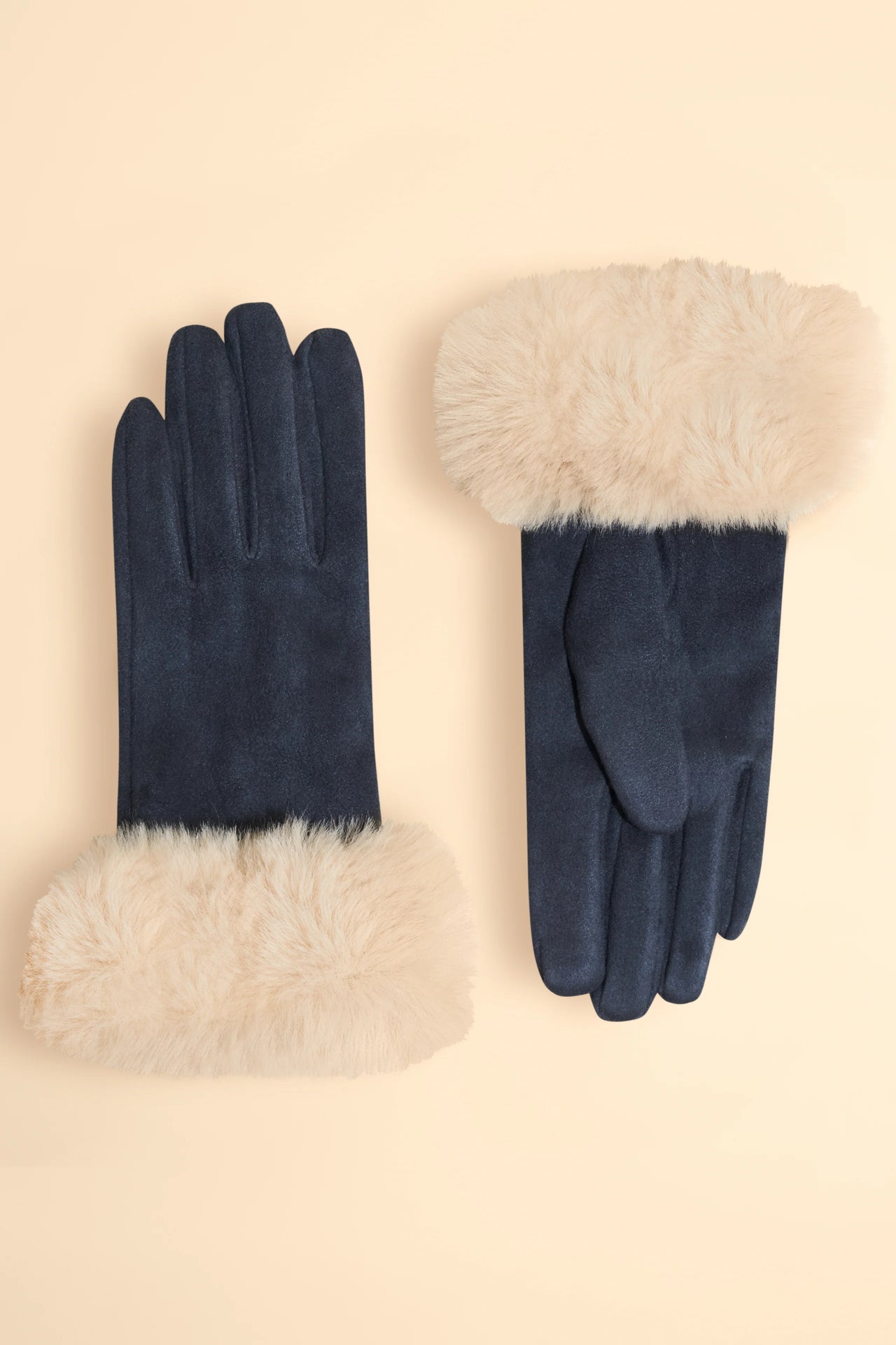 Powder Bettina Faux Suede & Fur Gloves - Navy & Cream