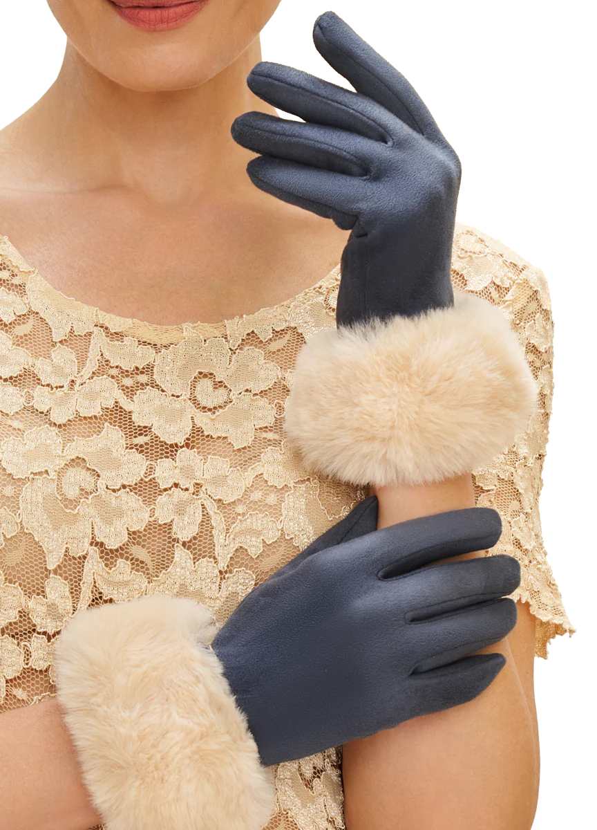 Powder Bettina Faux Suede & Fur Gloves - Navy & Cream