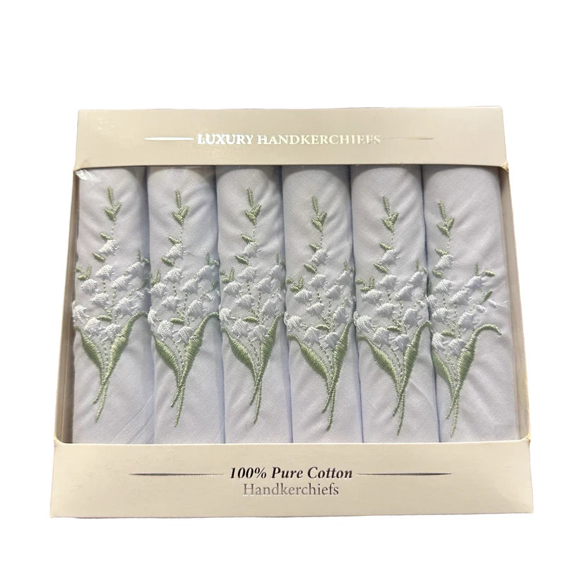 Le Chateau Luxury Handkerchiefs Lily of the Valley Embroidered Pack of 6