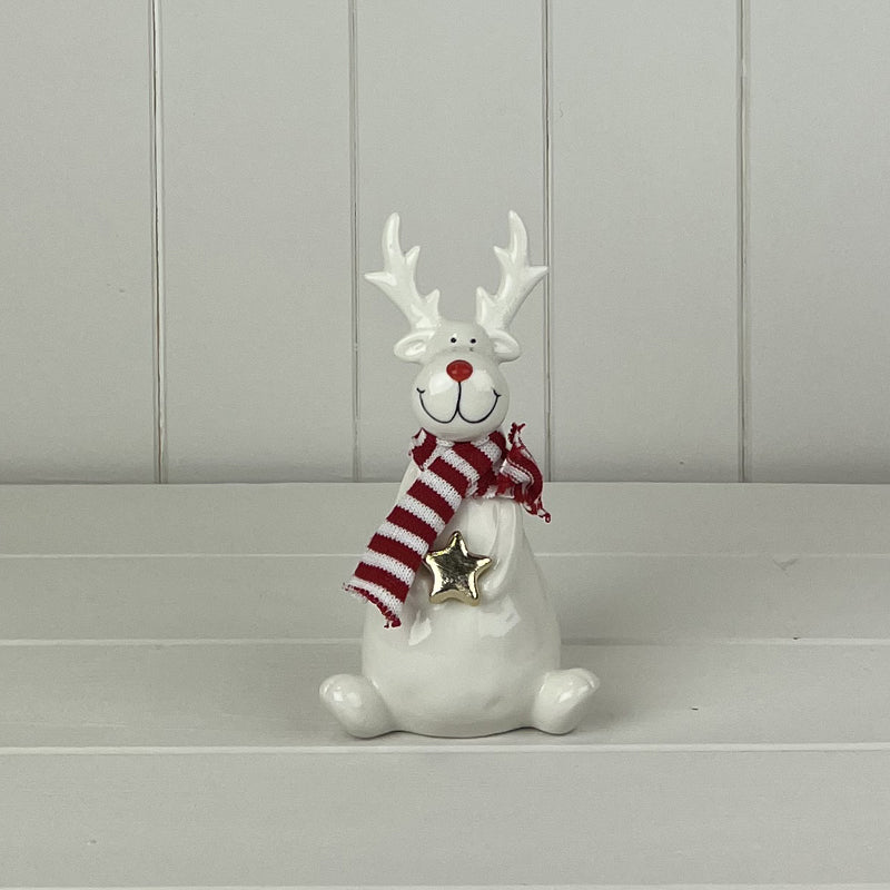 Satchville White Ceramic Reindeer Ornament With Knitted Scarf