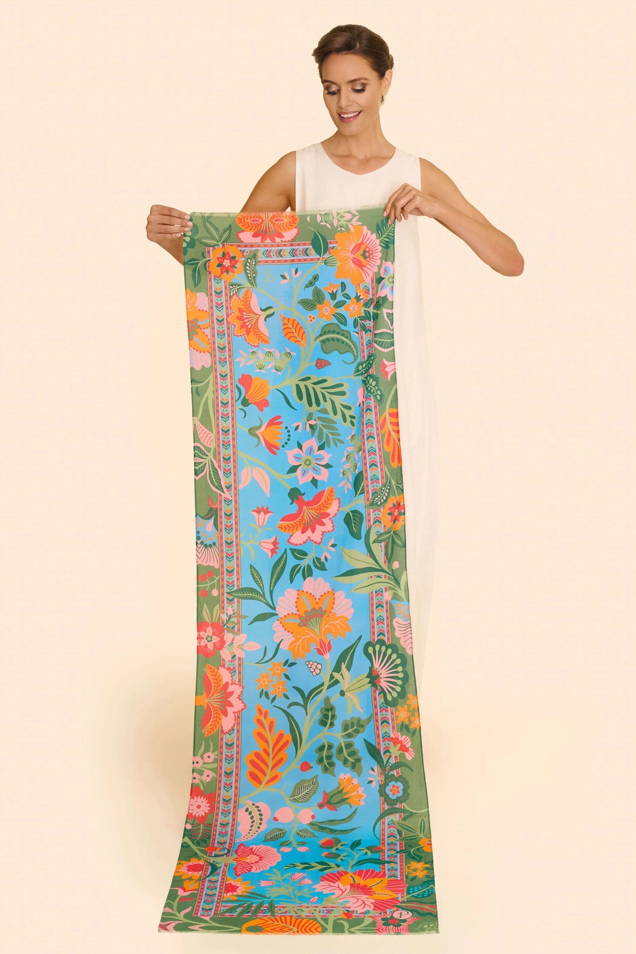 Powder Folky Floral Cotton Scarf - Cornflower