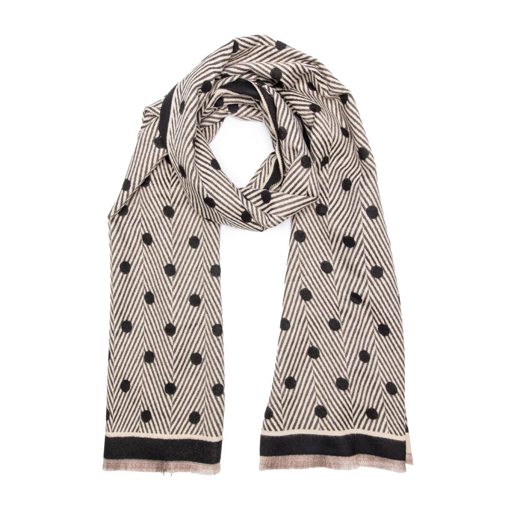 Elie Beaumont Scarf- Black, Ivory, Grey Polka Dots