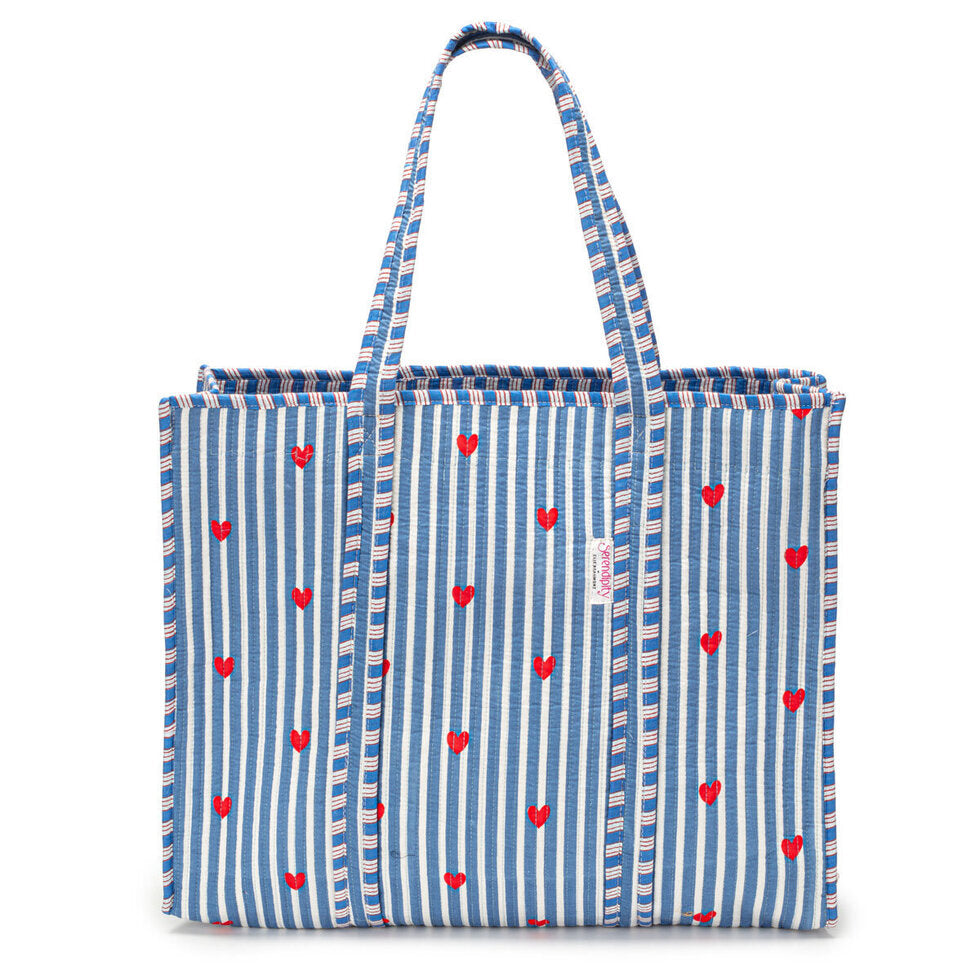 Elie Beaumont Cotton Tote - Blue Stripe Red Heart