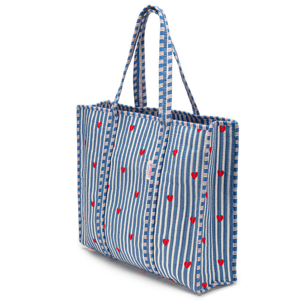 Elie Beaumont Cotton Tote - Blue Stripe Red Heart