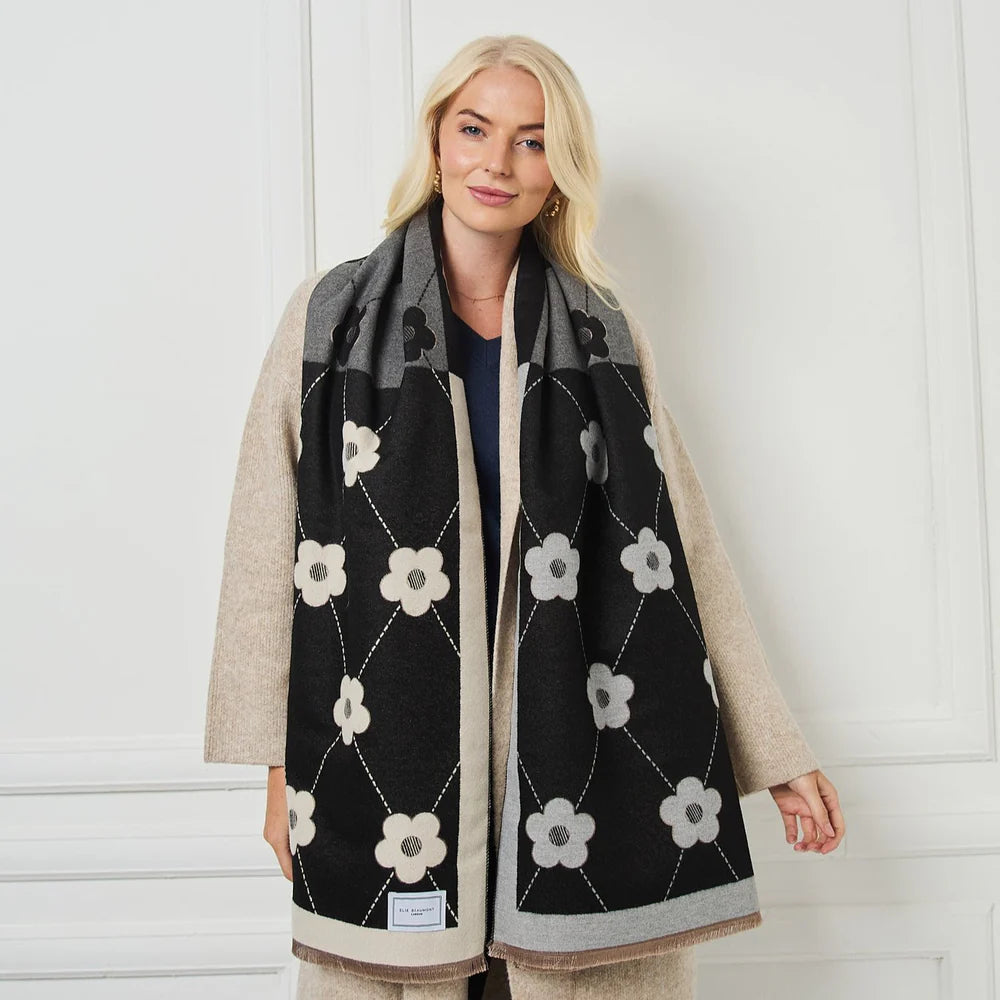Elie Beaumont Scarf- Black, White & Grey Daisy