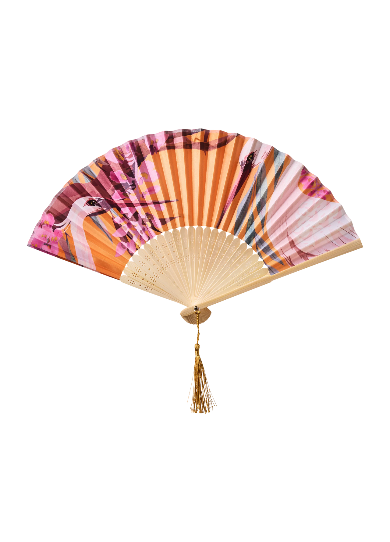 Powder Oriental Crane Satin Hand Fan - Ochre