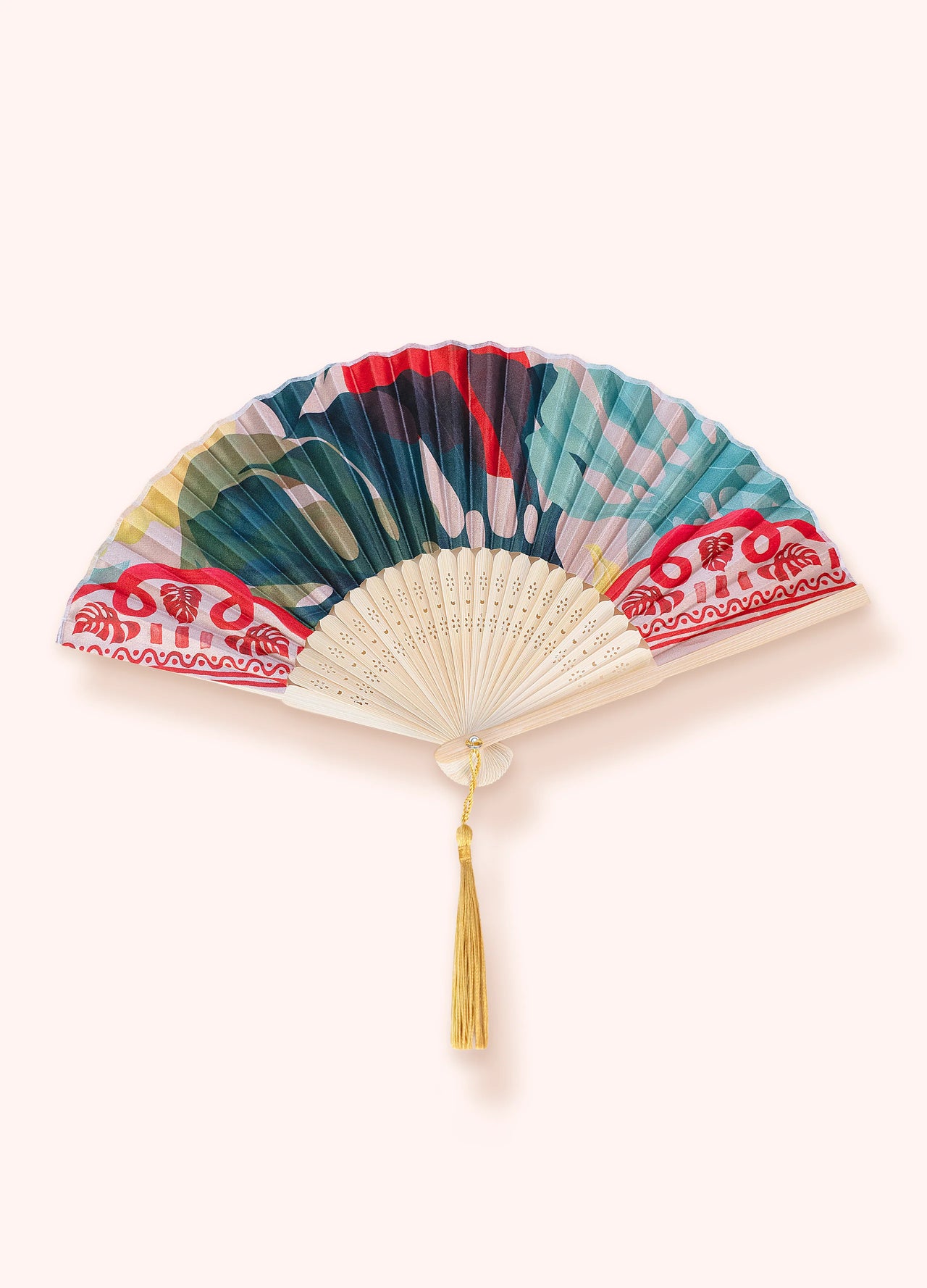 Powder Satin Bamboo Hand Fan - Exotic Leaves
