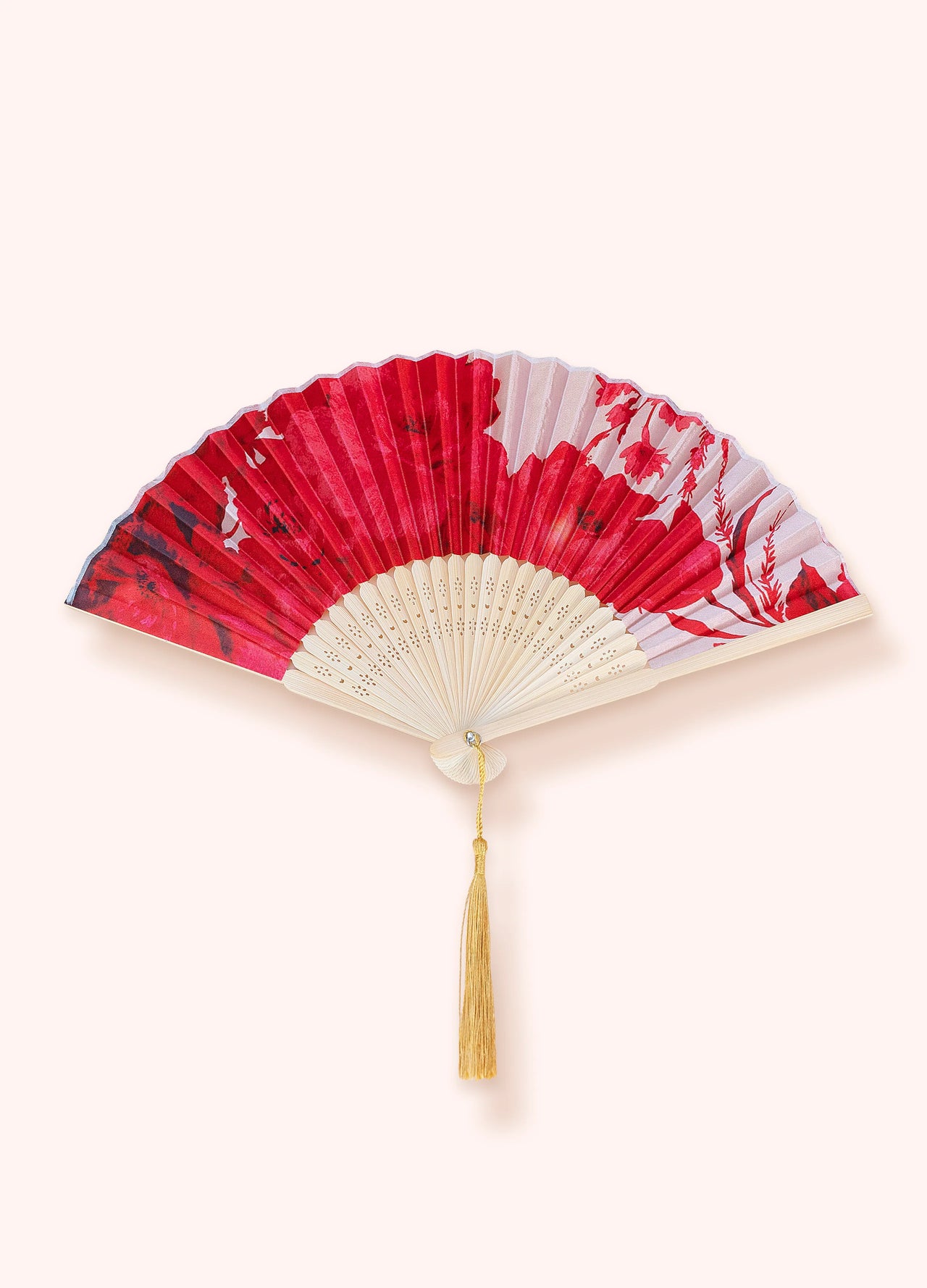 Powder Satin Bamboo Hand Fan - Rouge Blooms