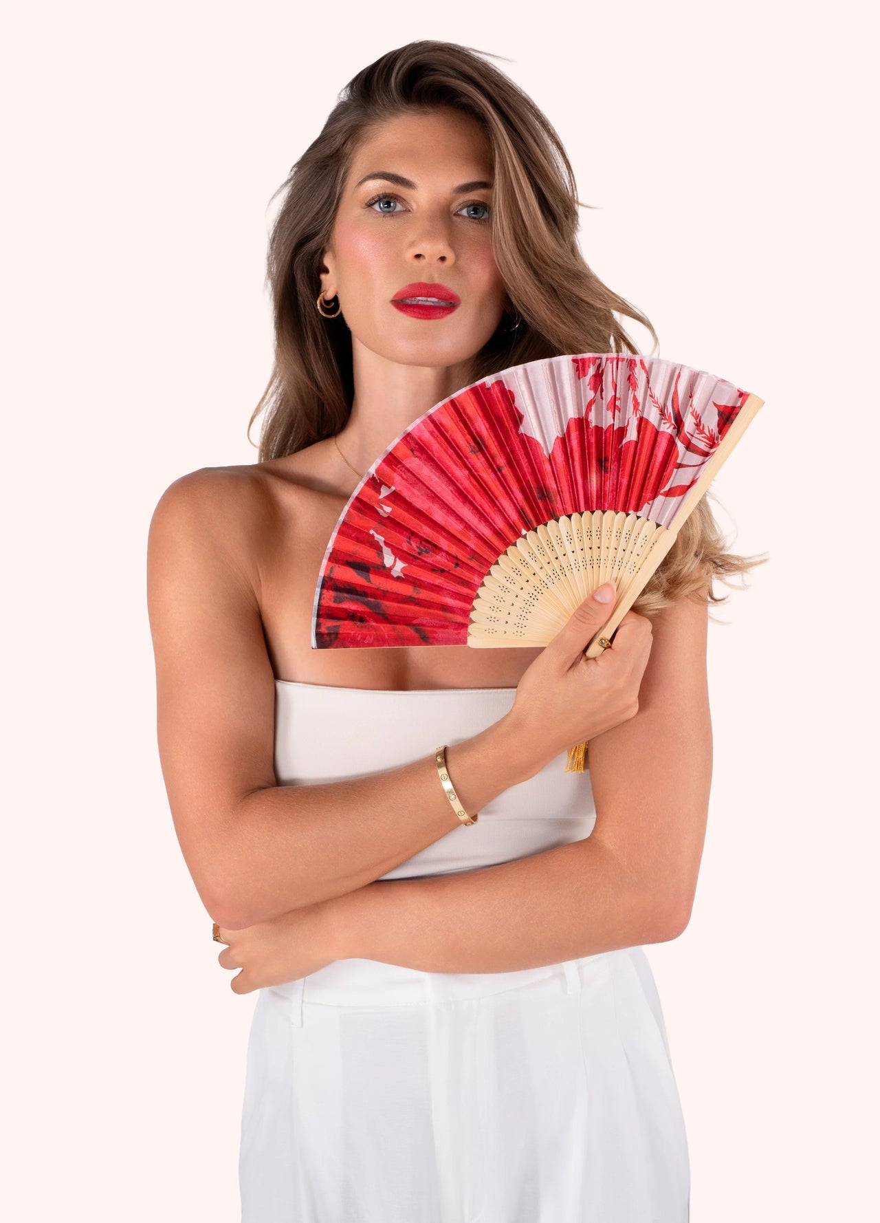 Powder Satin Bamboo Hand Fan - Rouge Blooms