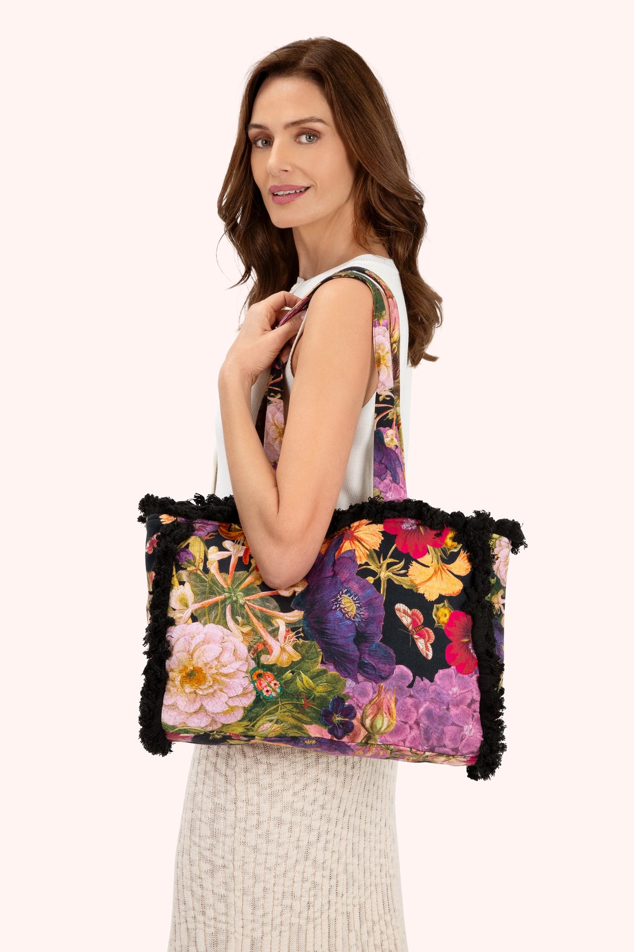 Powder Fringed Tote Bag - Midnight Posy