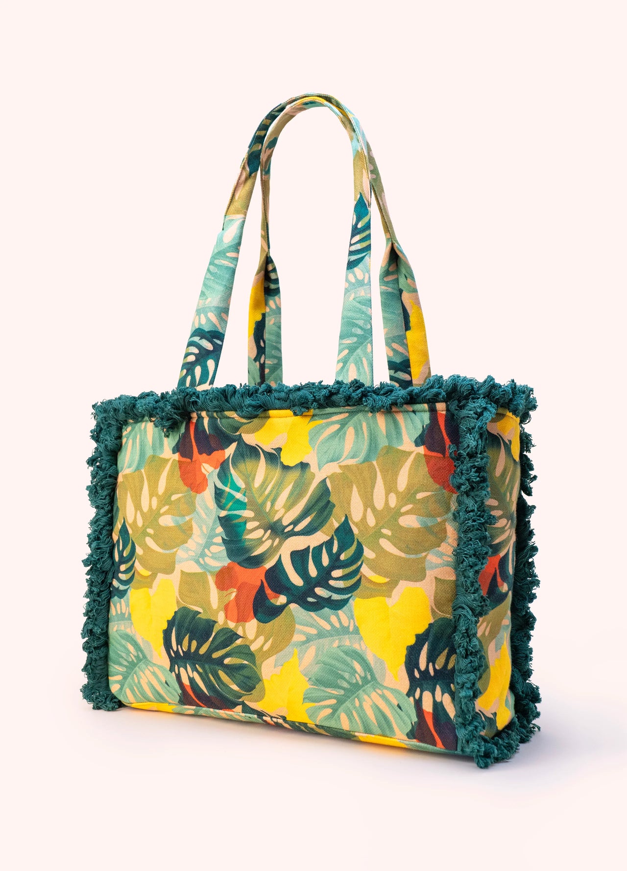 Powder Fringed Tote Bag - Exotic Leaves