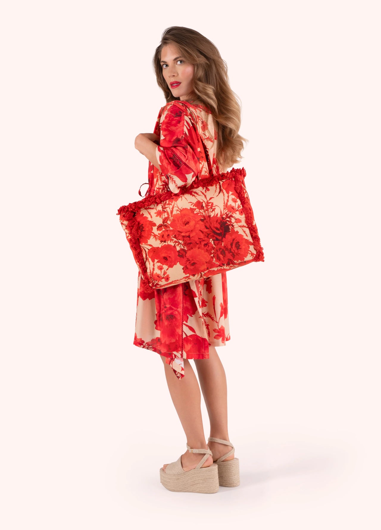 Powder Fringed Tote Bag - Rouge Blooms
