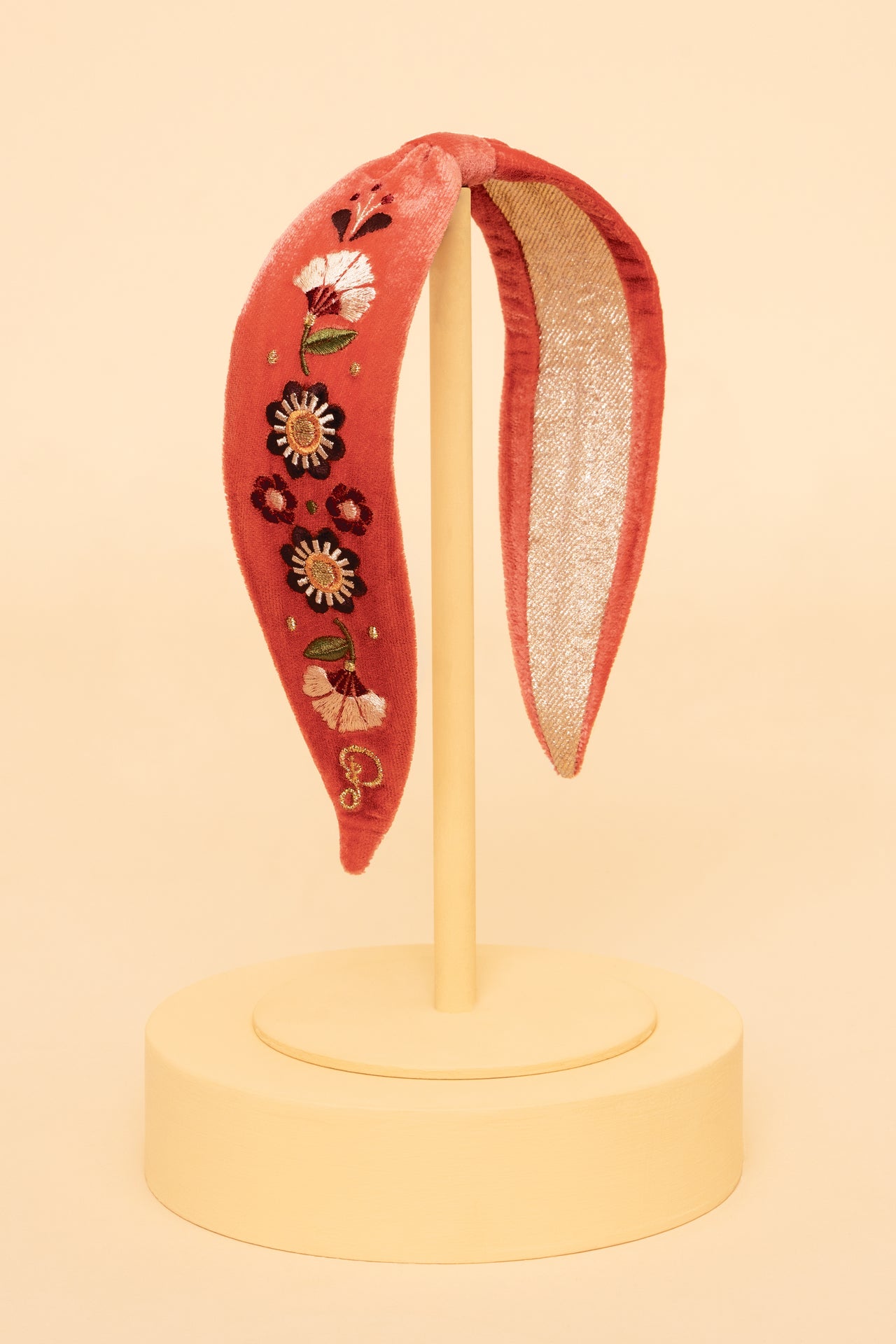 Powder Embroidered Narrow Art Deco Floral Headband - Tangerine