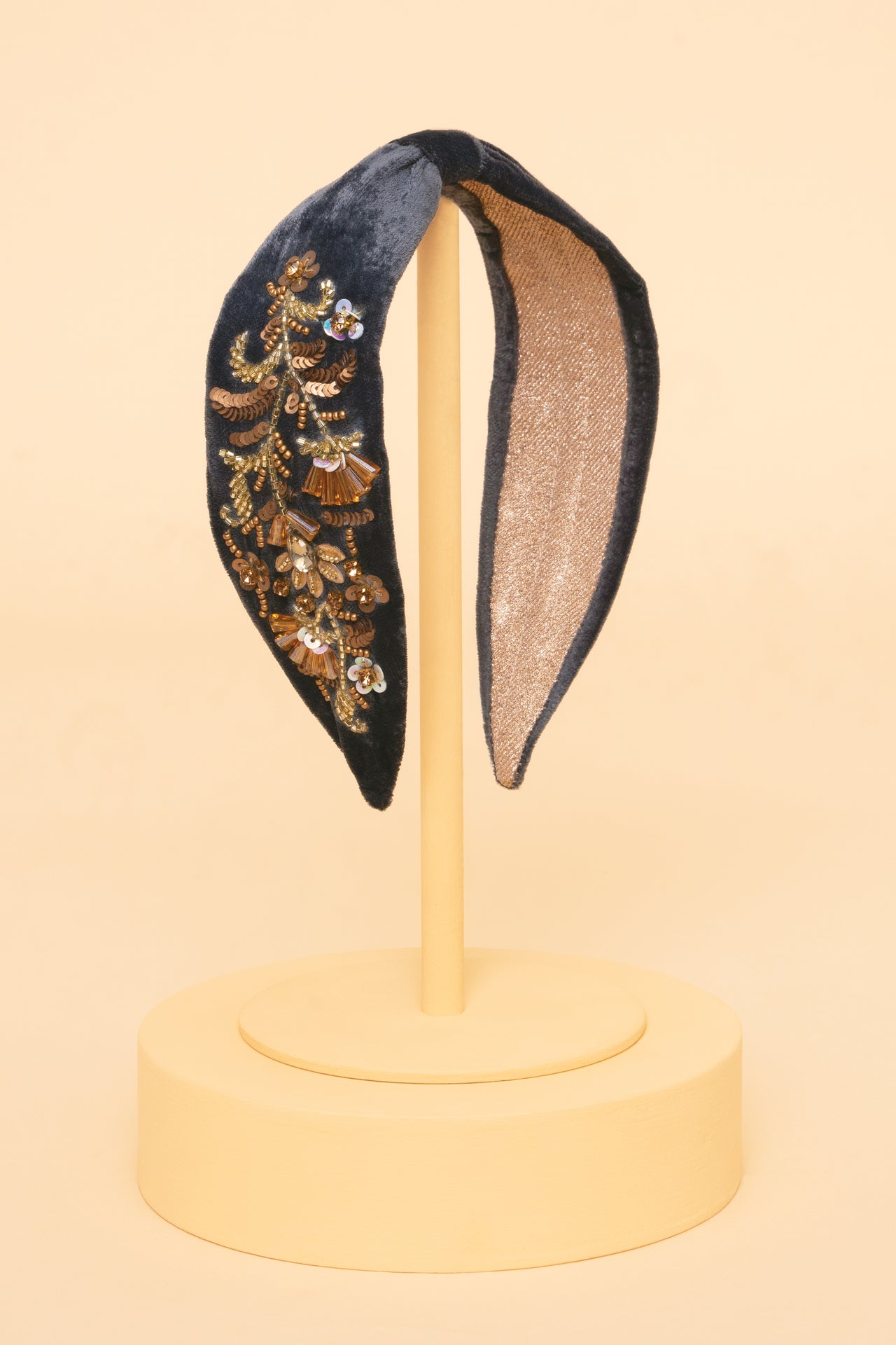 Powder Golden Wild Flowers Embellished Velvet Headband - Slate