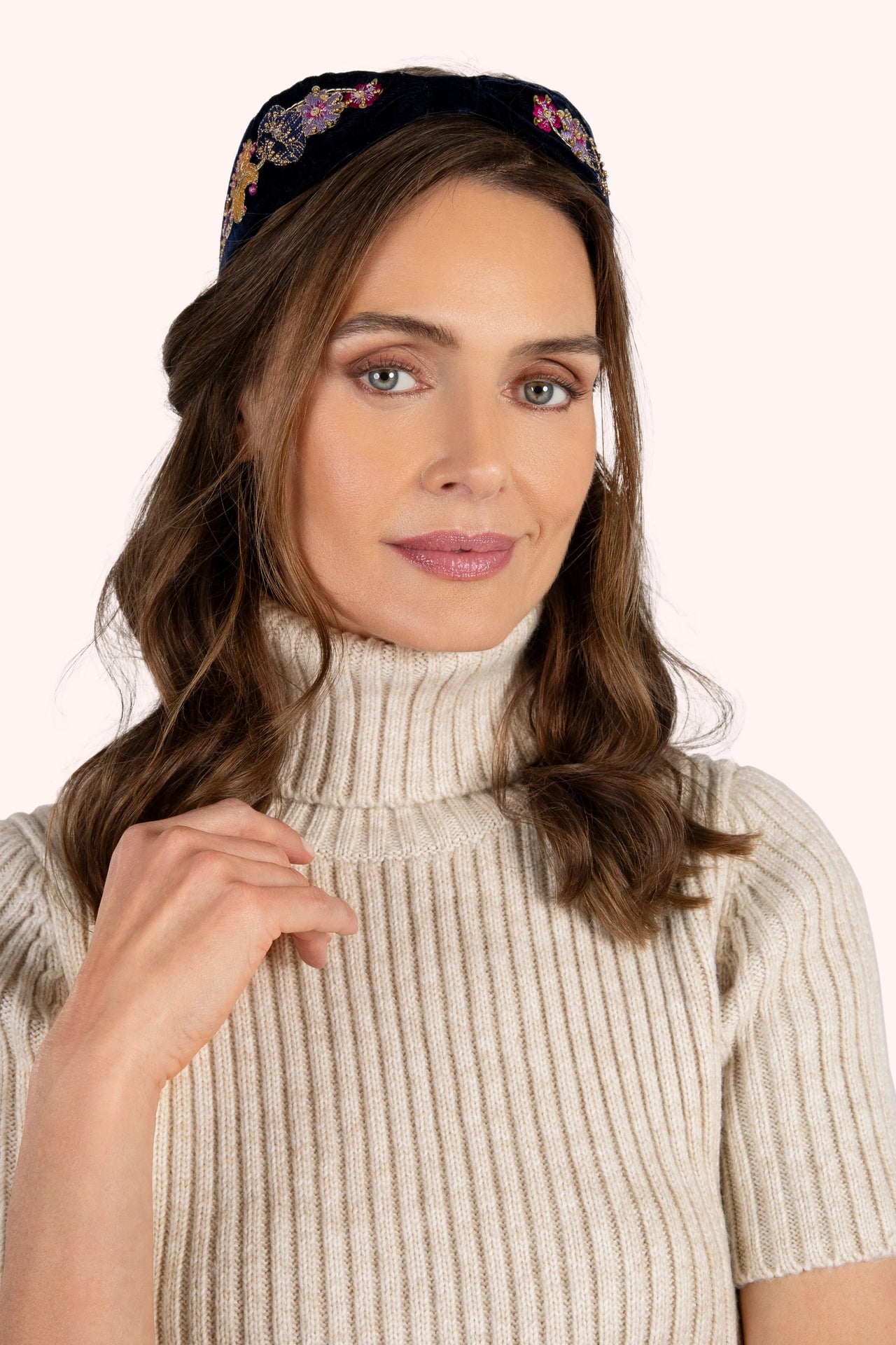 Powder Embroidered Velvet Headband - Midnight Posy