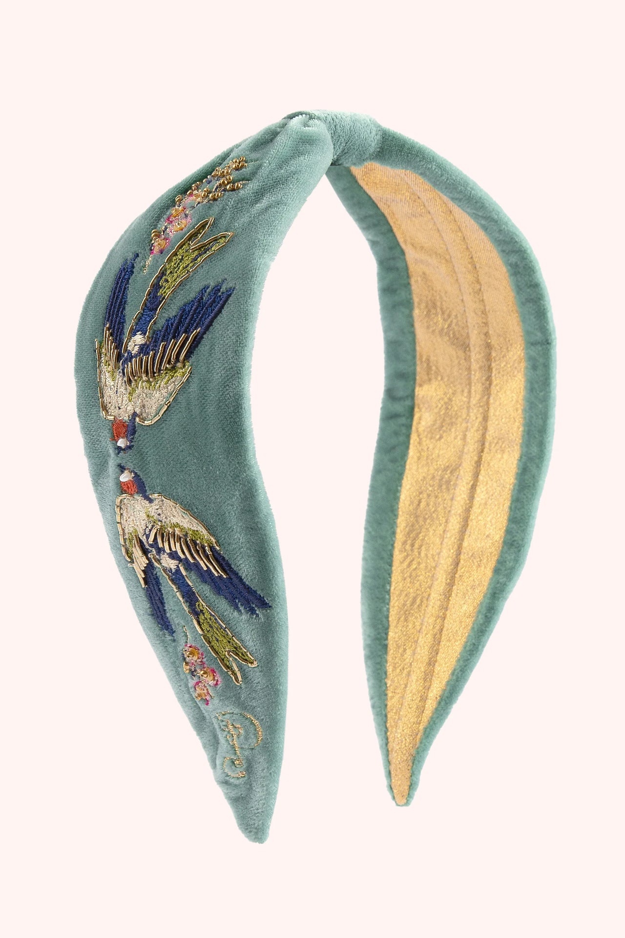 Powder Embroidered Velvet Headband - Swooping Swallows