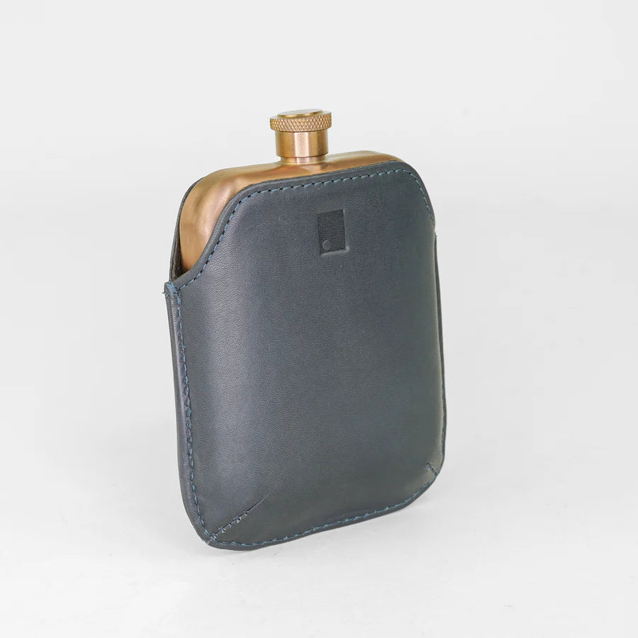 Sophos Navy Hip Flask With Leather Sleeve