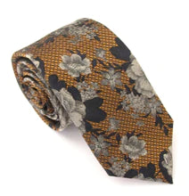 Van Buck Red Label Silk Tie - Gold & Grey Detailed Floral