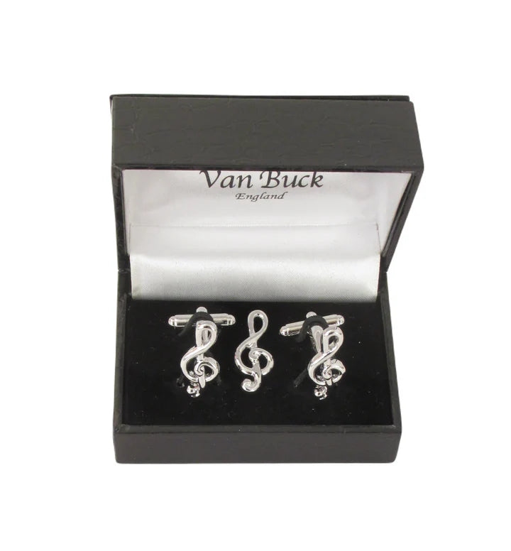 Van Buck England Treble Clef Music Note Cufflinks and Lapel Pin Set