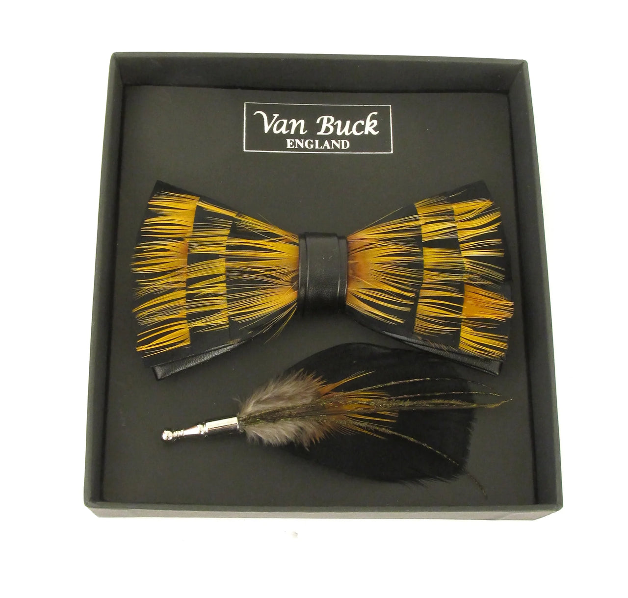 Van Buck England Feather Bow Tie and Lapel Pin Set