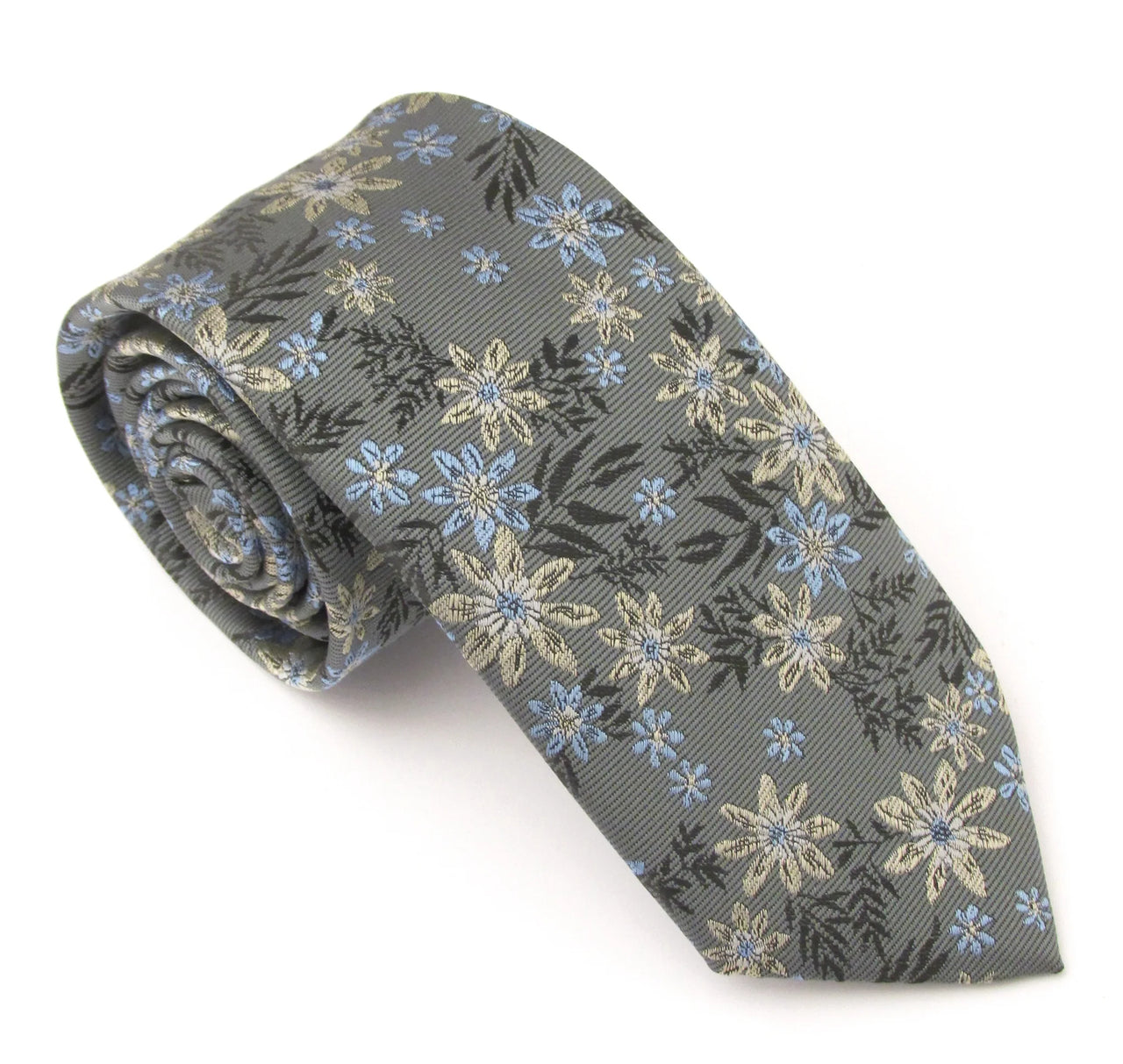 Van Buck England Floral Tie - Grey & Blue