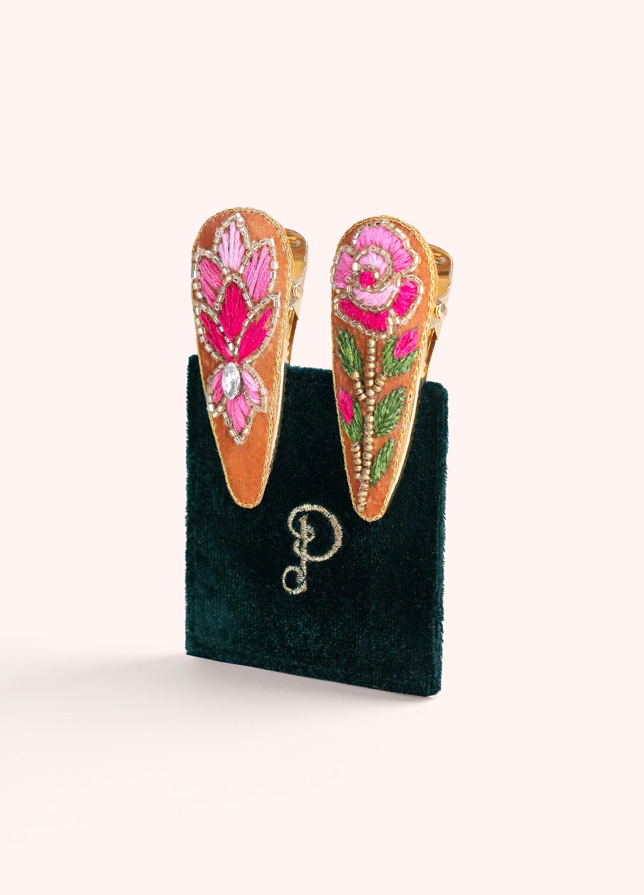 Powder Embroidered Hair Clips - Summer Roses