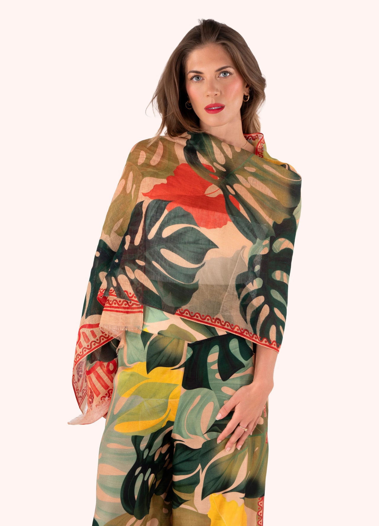 Powder Exotic Leaves Linen/Cotton Scarf