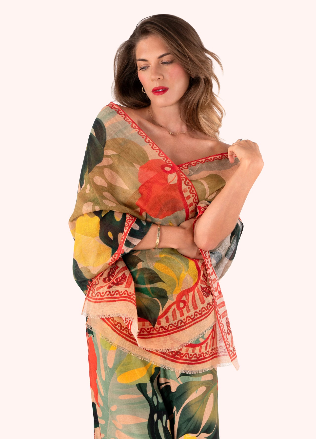 Powder Exotic Leaves Linen/Cotton Scarf