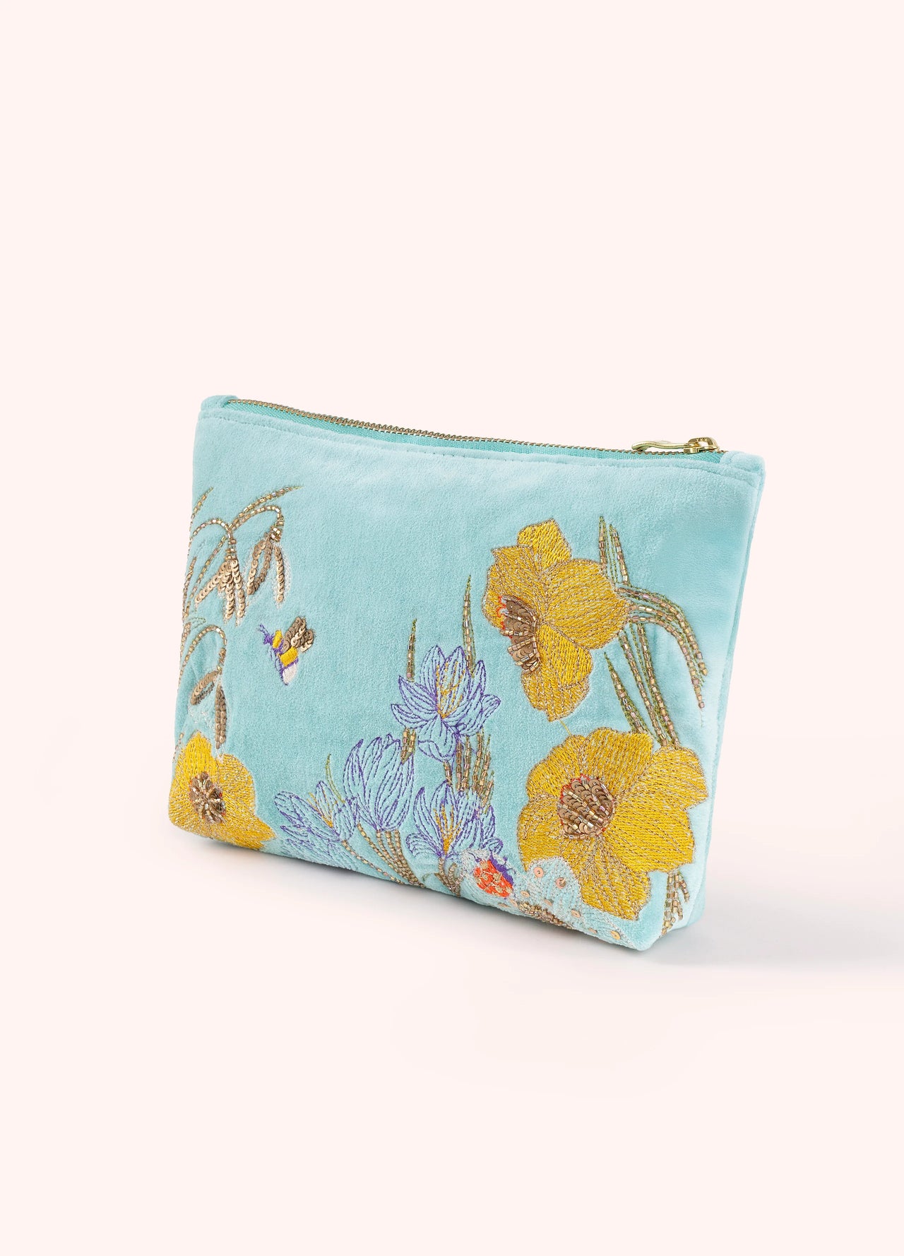Powder Velvet Embroidered Zip Pouch - Wildflower Meadow