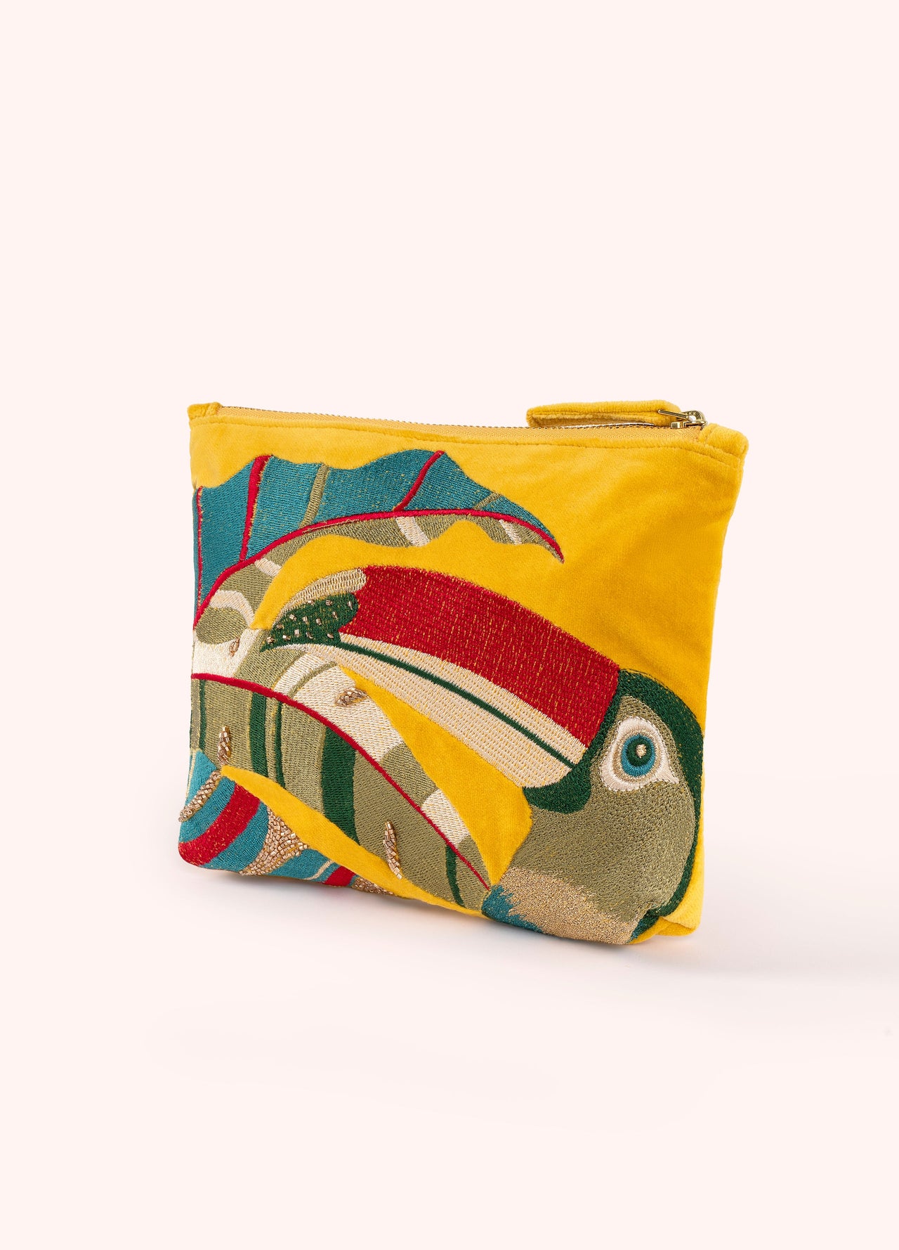 Powder Velvet Embroidered Zip Pouch - Trop Toucan
