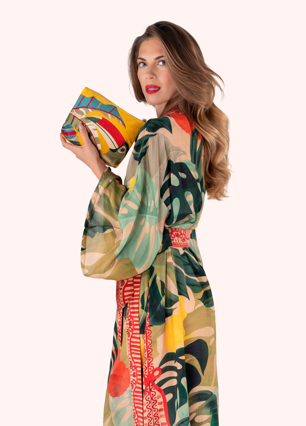 Powder Velvet Embroidered Zip Pouch - Trop Toucan