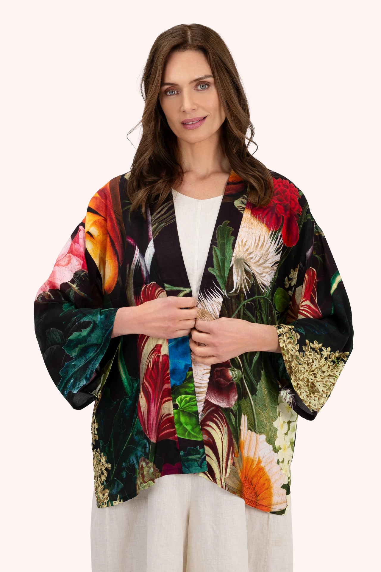 Powder Chocolate Floral Mid-Length Kimono