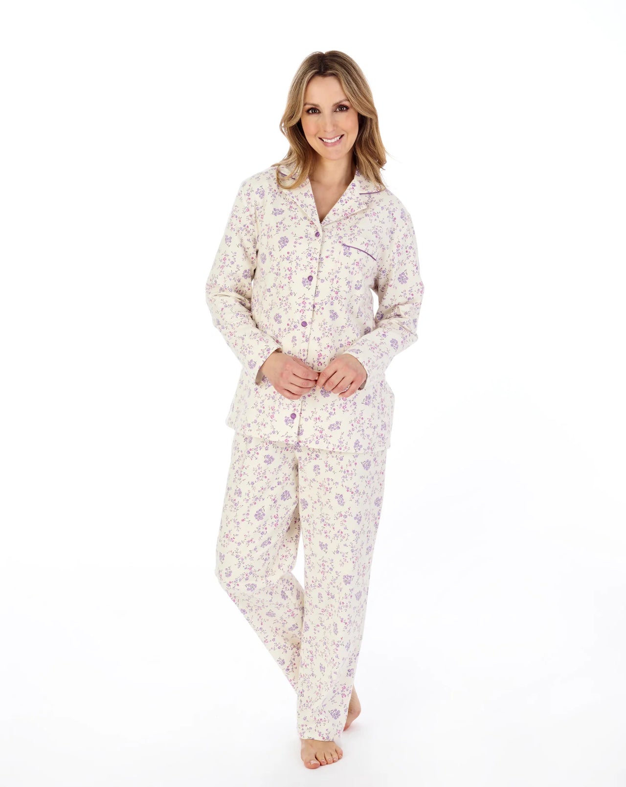 Slenderella Cream Floral Printed Luxury Flannel Pyjama