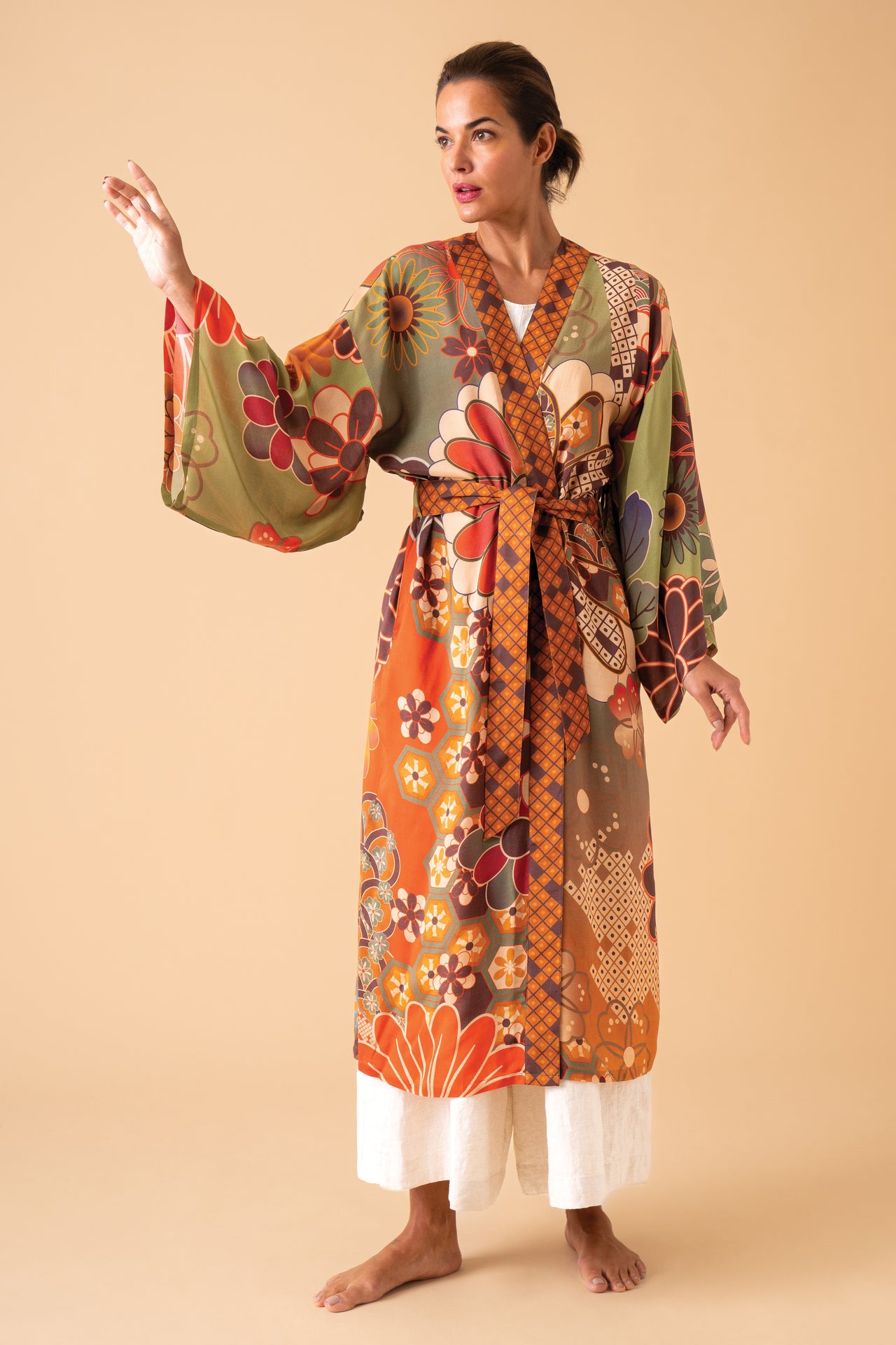 Powder 70's Kaleidoscope Floral Kimono Gown - Sage